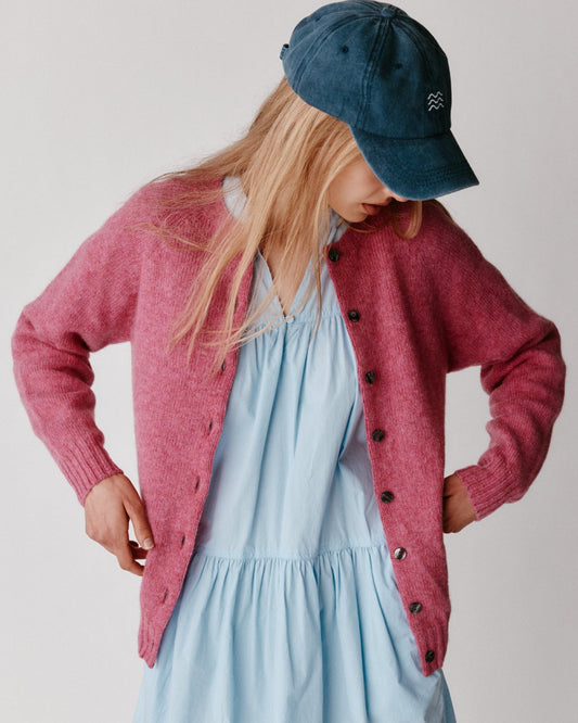 The Bosie Women's Harley of Scotland Shetland Crew Neck Cardigan in Blush Pink