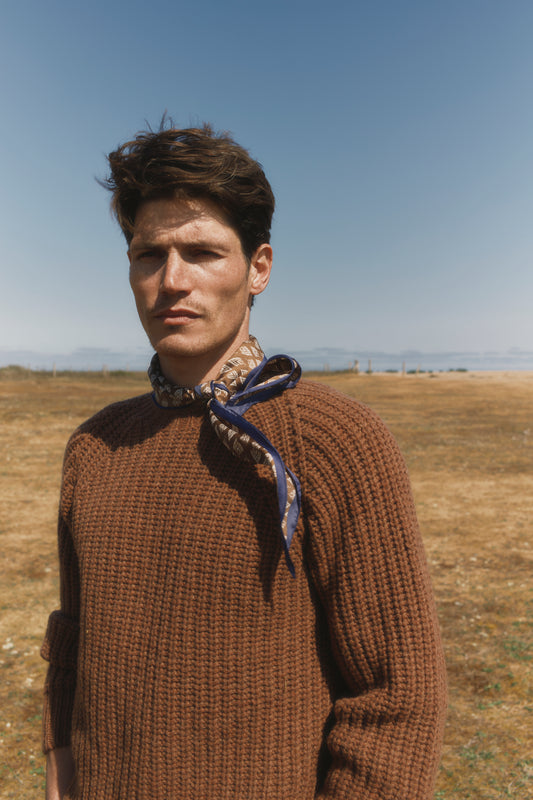 Blue Mogganer Fisherman Ribbed Raglan Chunky Geelong Sweater - Hazelnut Brown