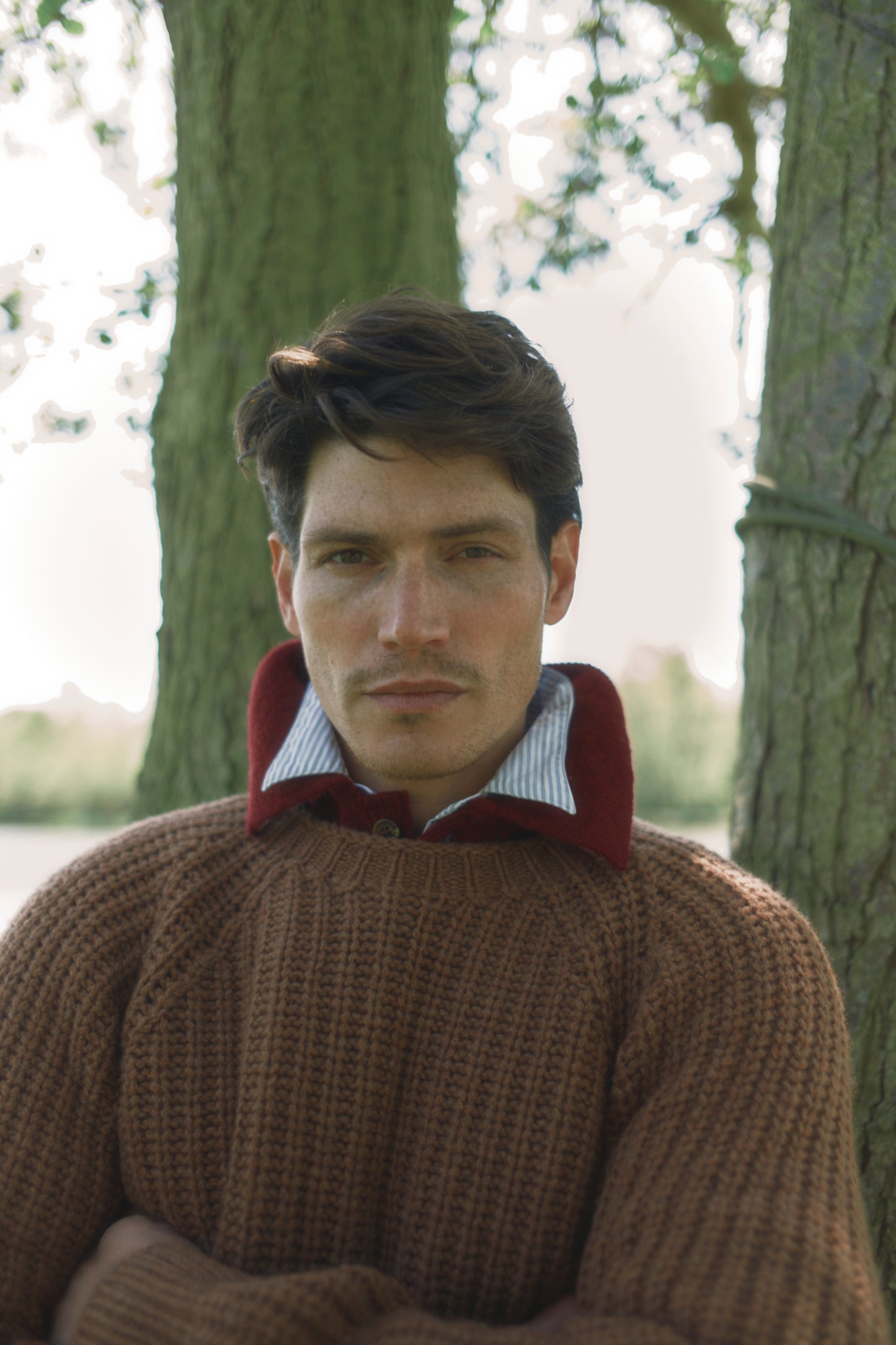 Blue Mogganer Fisherman Ribbed Raglan Chunky Geelong Sweater - Hazelnut Brown