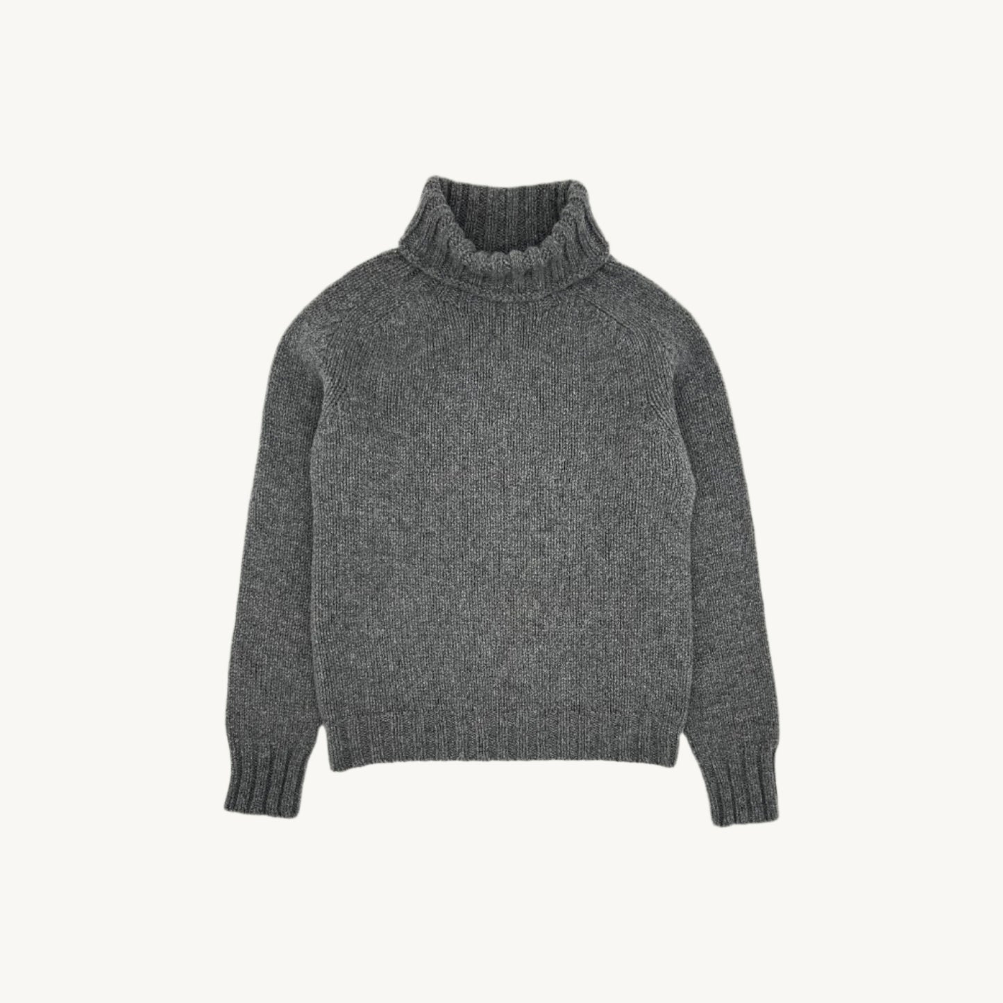 Flatbed photograph of a Bosie Knitwear Big Softy Geelong Chunky Polo Neck Womens Jumper in colour Derby Grey.