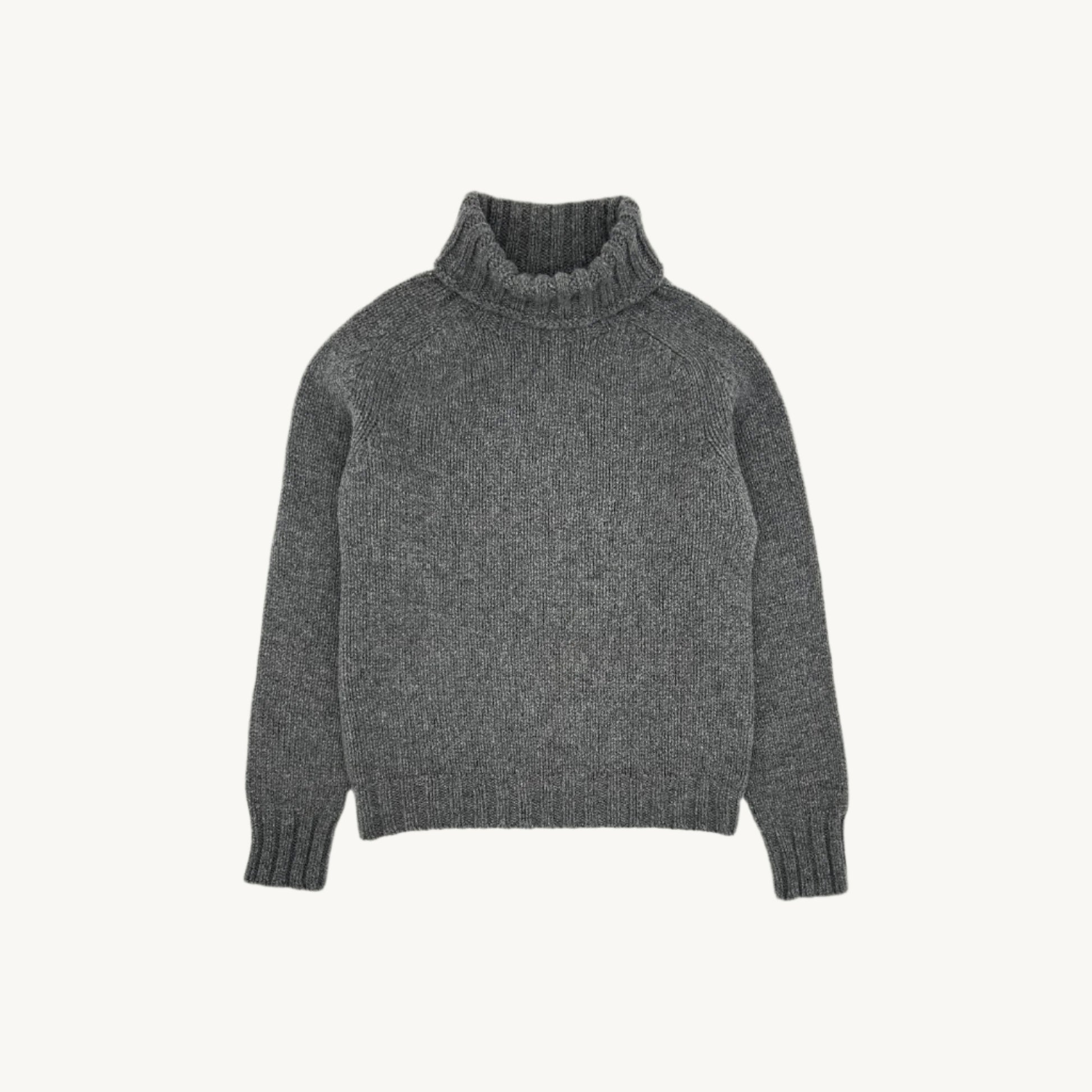 Flatbed photograph of a Bosie Knitwear Big Softy Geelong Chunky Polo Neck Womens Jumper in colour Derby Grey.