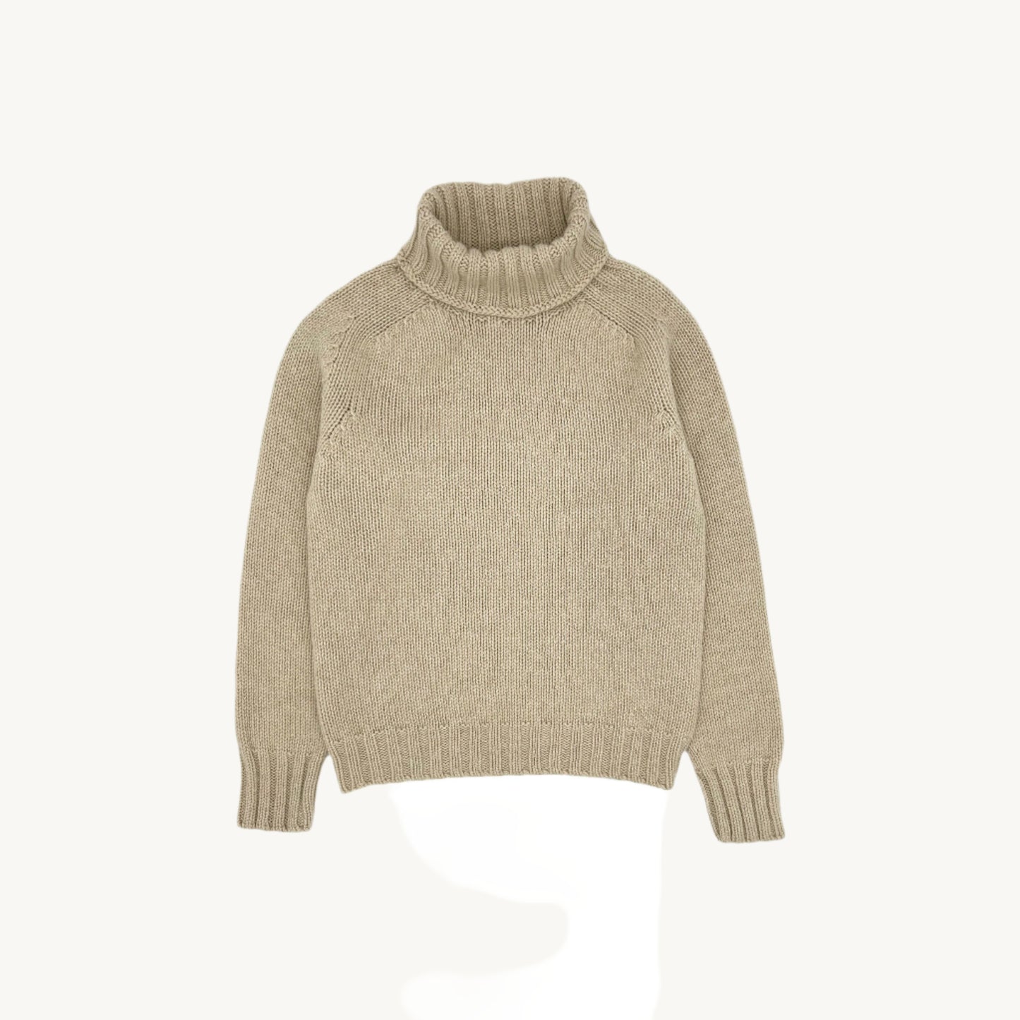 Flatbed photograph of a Bosie Knitwear Big Softy geelong chunky polo neck womens jumper  in Oatmeal Beige.