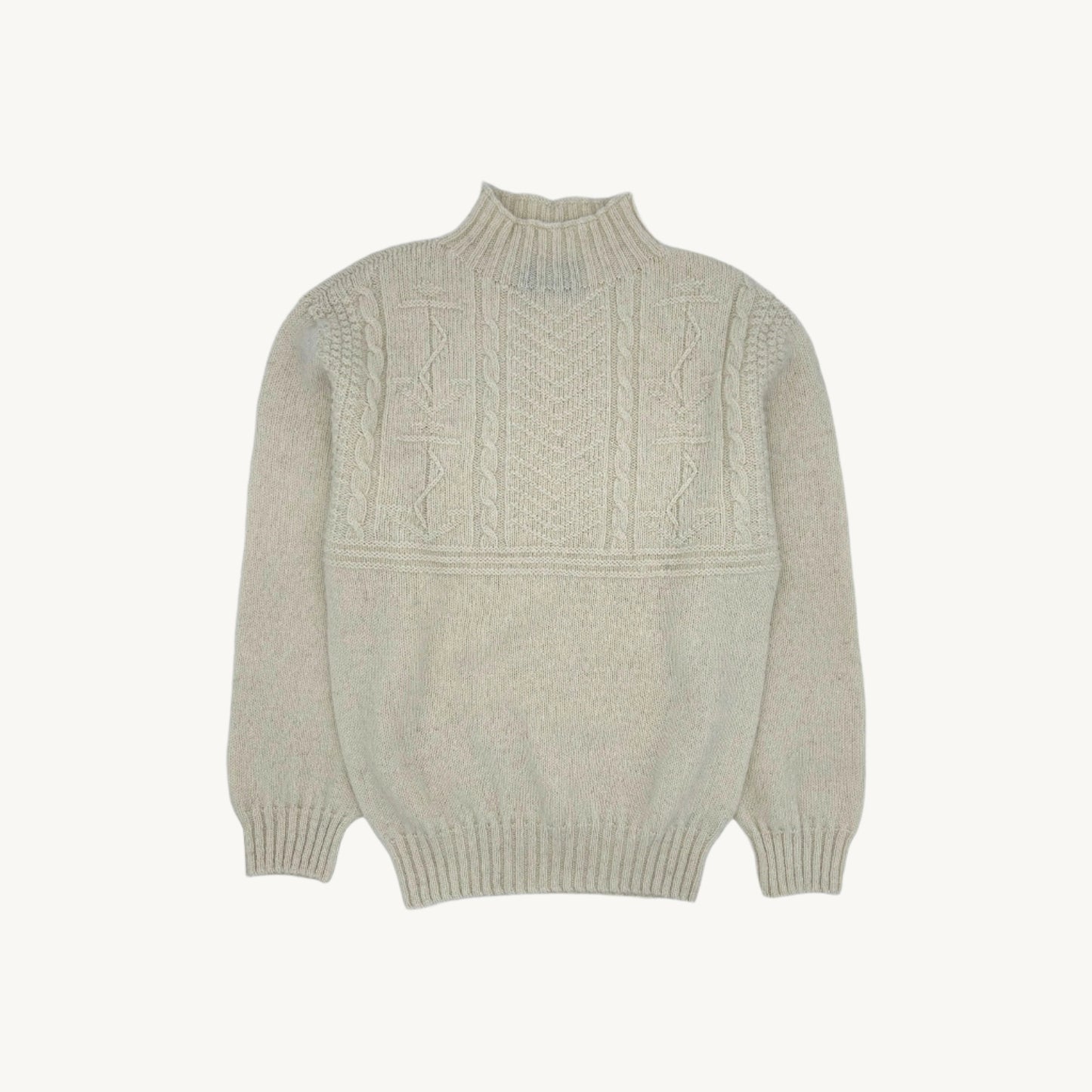 Flatbed photograph of a Bosie Knitwear Blue Mogganer Ganjey Heritage Heather Knoll Crew Neck Sweater in colour Ecru White.