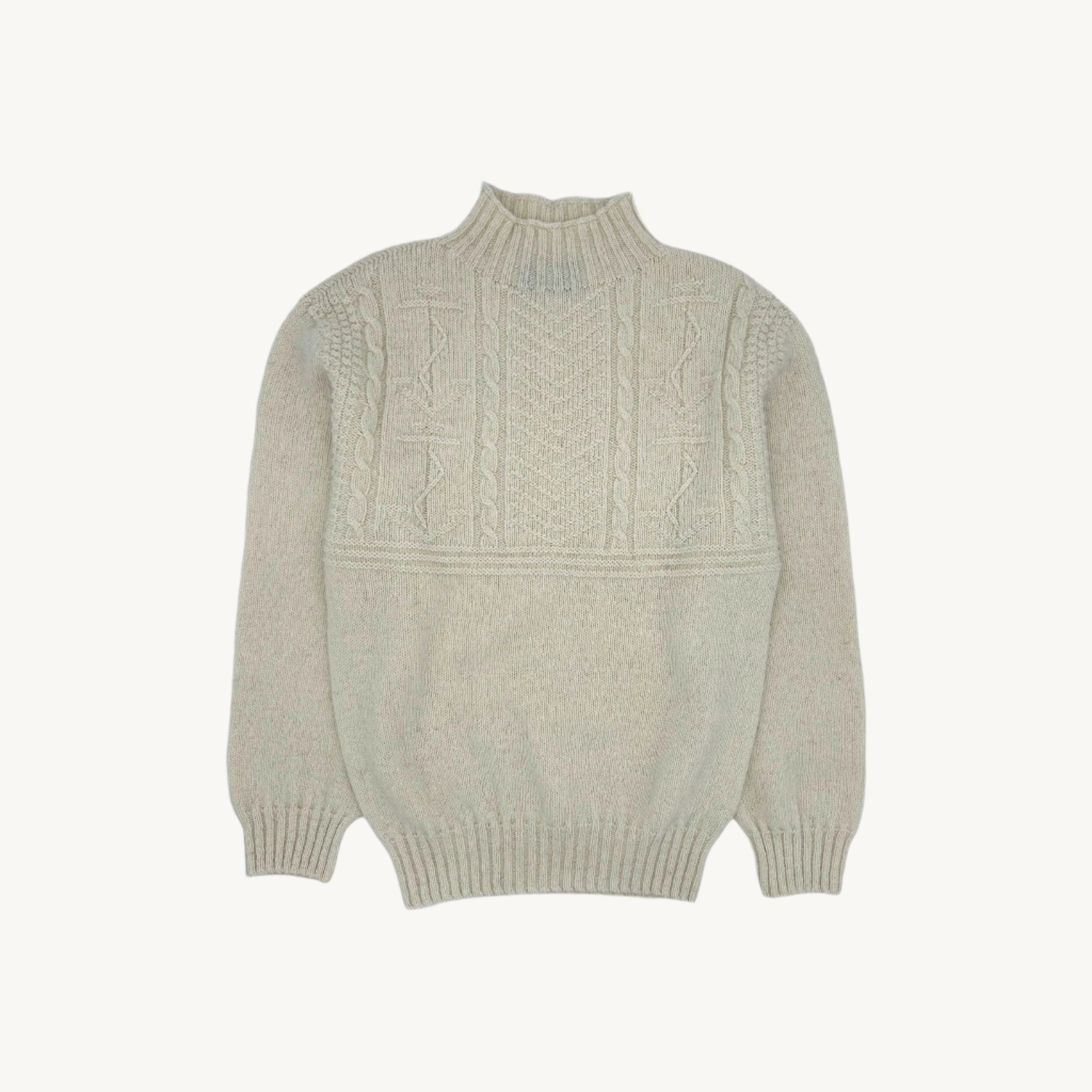 Flatbed photograph of a Bosie Knitwear Blue Mogganer Ganjey Heritage Heather Knoll Crew Neck Sweater in colour Ecru White.