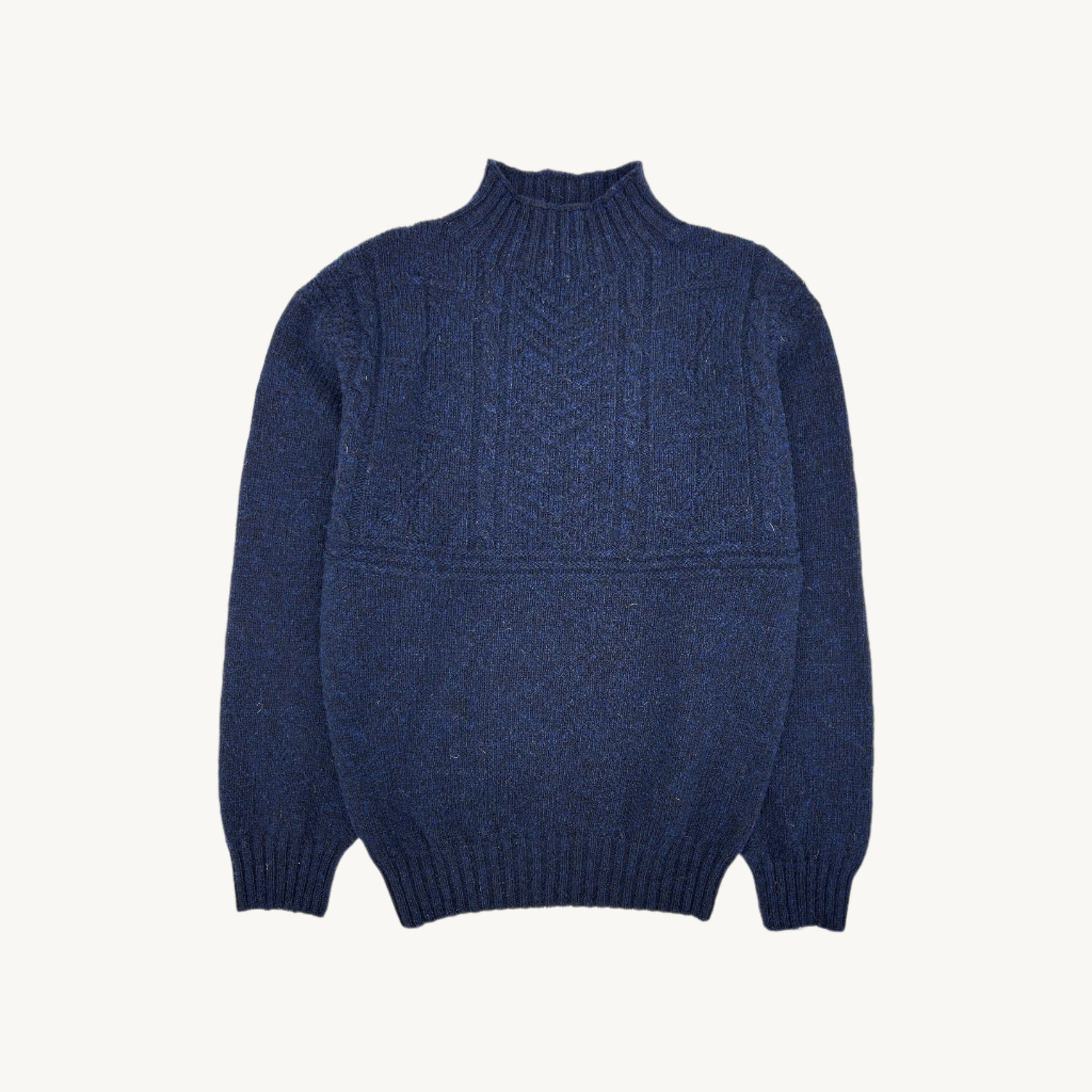 Flatbed Photograph of a Bosie Knitwear Blue Mogganer Ganjey Heritage Heather Knoll Crew Neck Sweater in colour Navy. 