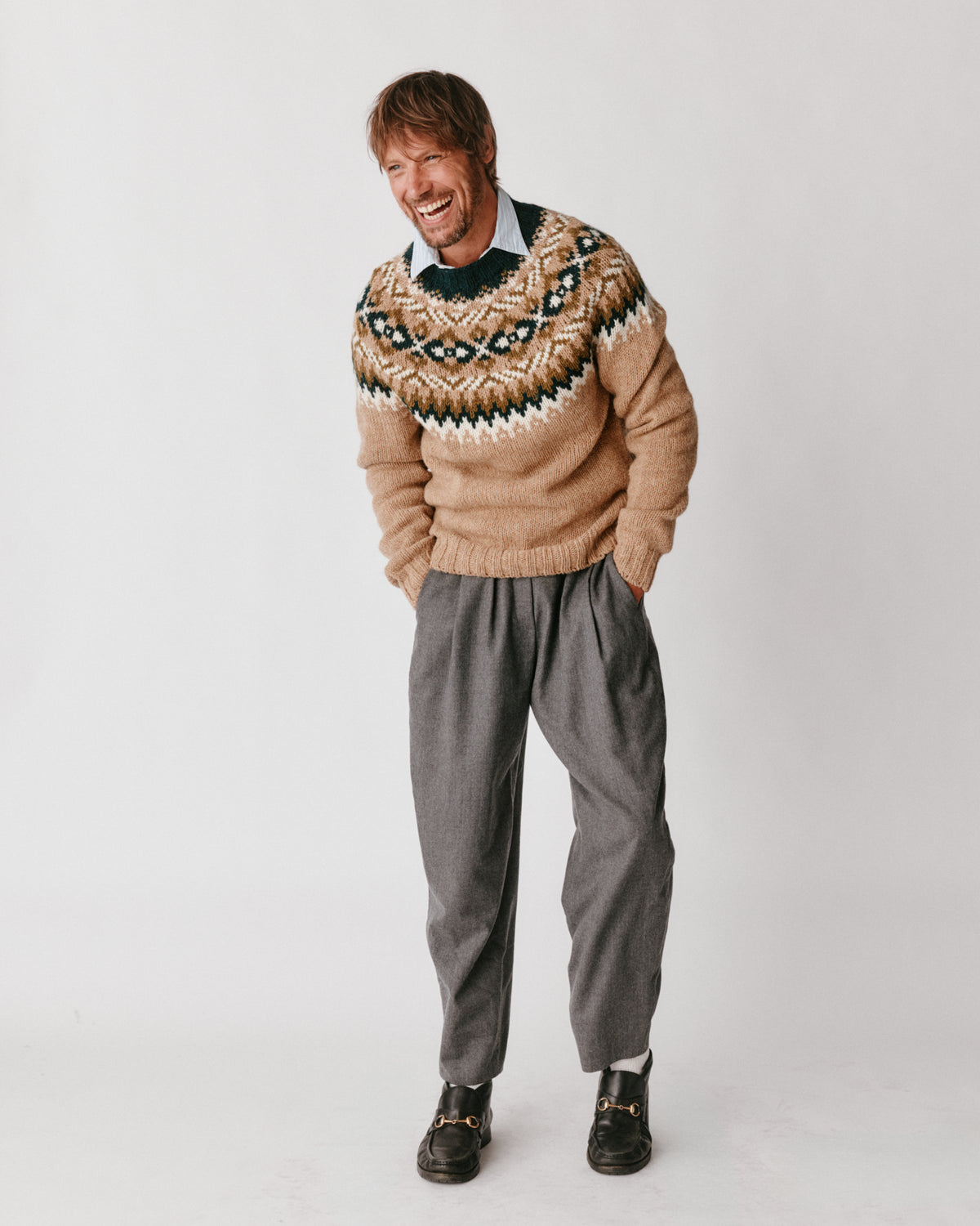 A model wearing a Bosie Blue Mogganer Northeaster Fairisle Yoke Chunky Ecology British Wool in colour Walnut Brown.