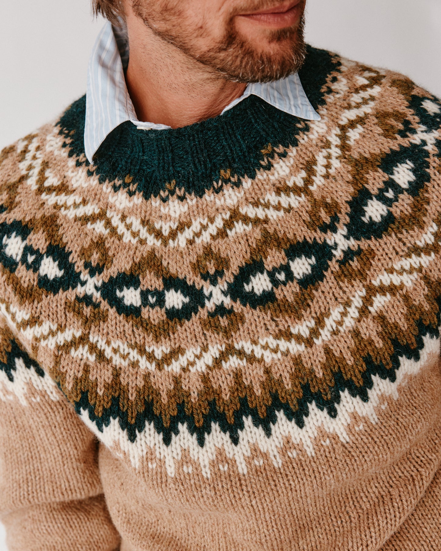 A model wearing a Bosie Blue Mogganer Northeaster Fairisle Yoke Chunky Ecology British Wool in colour Walnut Brown.