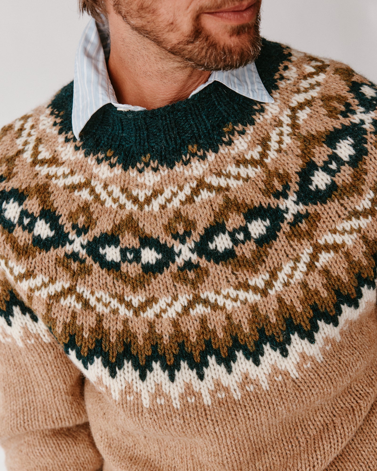 A model wearing a Bosie Blue Mogganer Northeaster Fairisle Yoke Chunky Ecology British Wool in colour Walnut Brown.