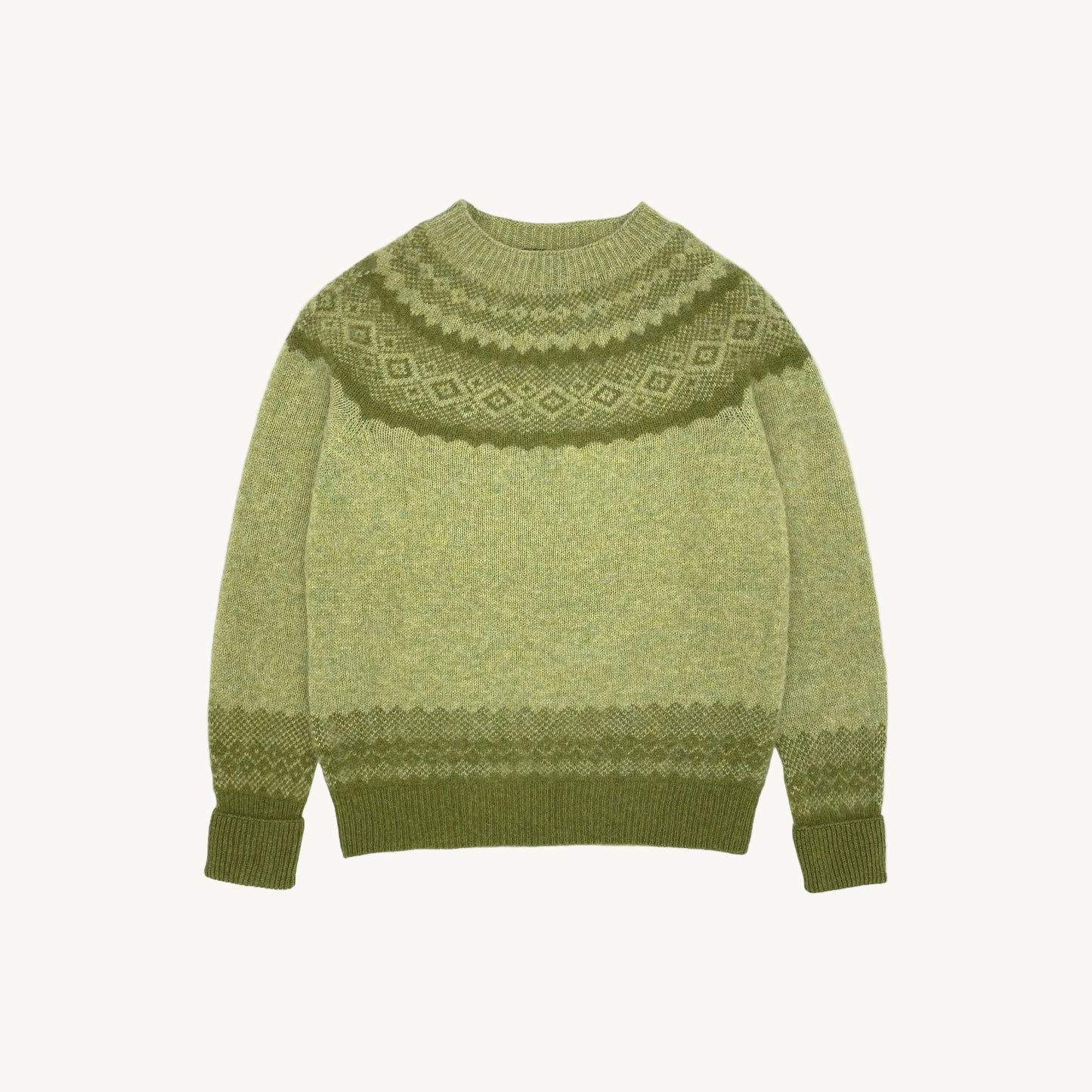 Flatbed Photograph of Borealis Sweater in Avocado by Bosie. Knitwear