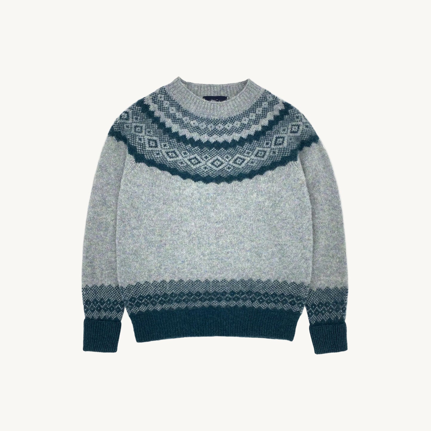 Flatbed Photograph of Borealis Sweater in Sea Glass by Bosie Knitwear.