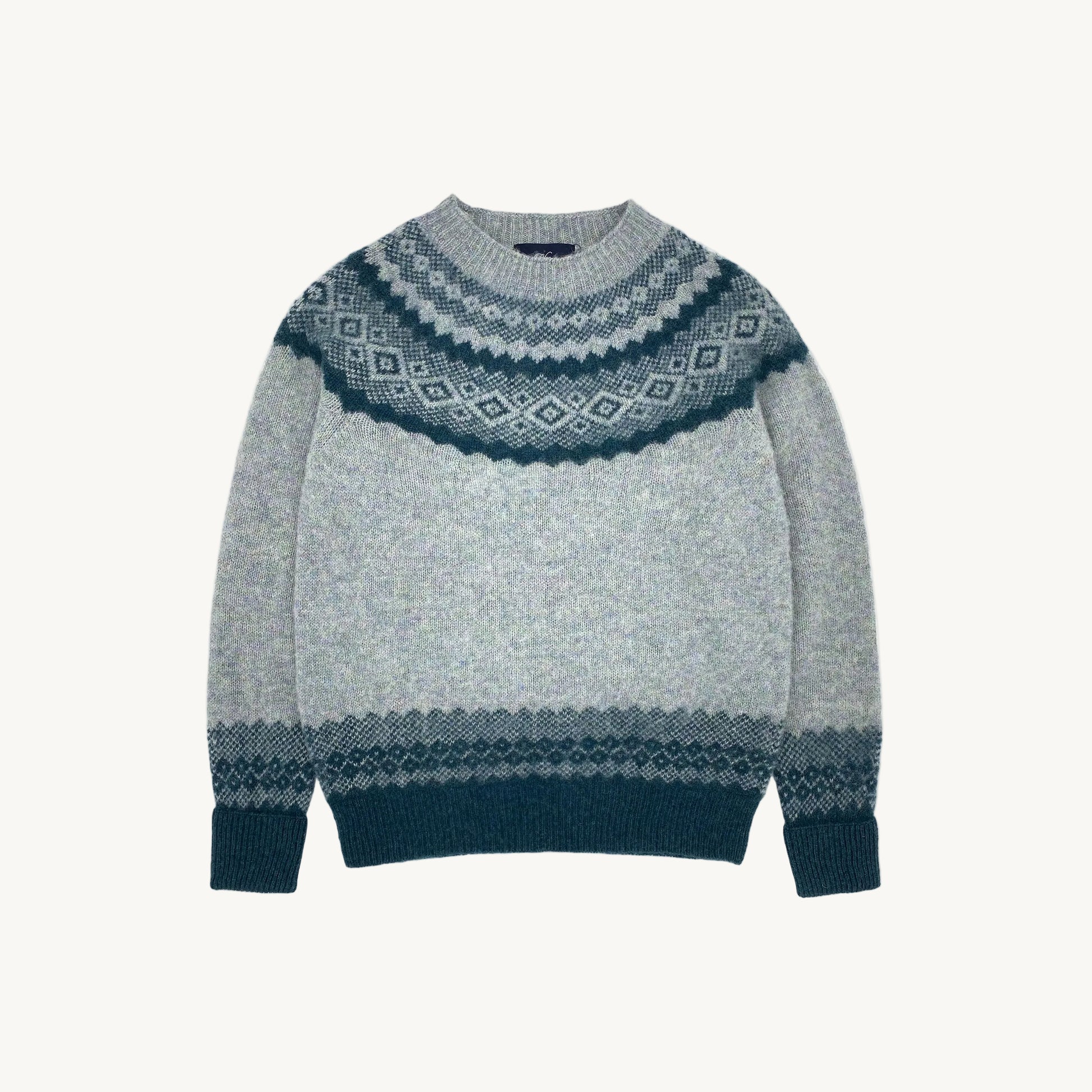 Flatbed Photograph of Borealis Sweater in Sea Glass by Bosie Knitwear.