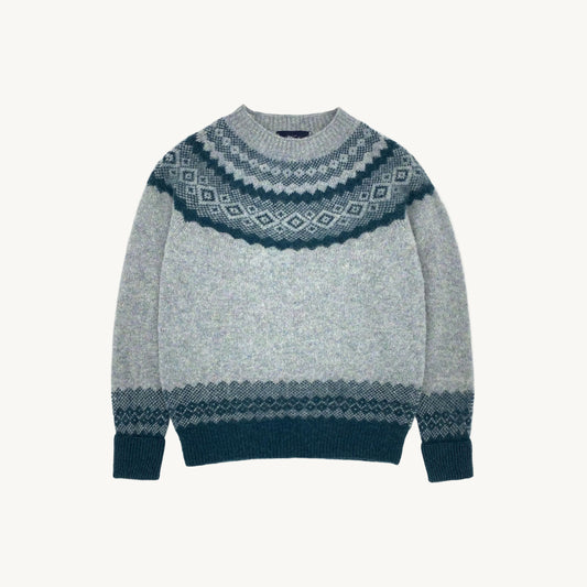 Flatbed Photograph of Borealis Sweater in Sea Glass by Bosie Knitwear.