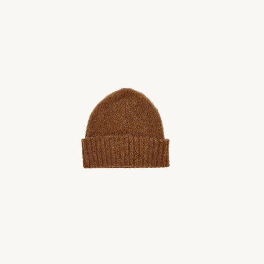 Flat bed photograph of Bosie Brushed Shetland Wool Beanie Hat in the colour Sienna Brown.