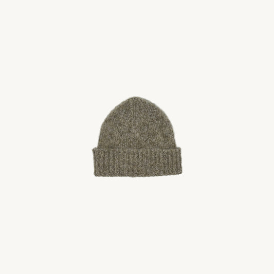 Flat bed photograph of a Bosie Brushed Shetland Wool Beanie Hat in colour Mushroom Brown.