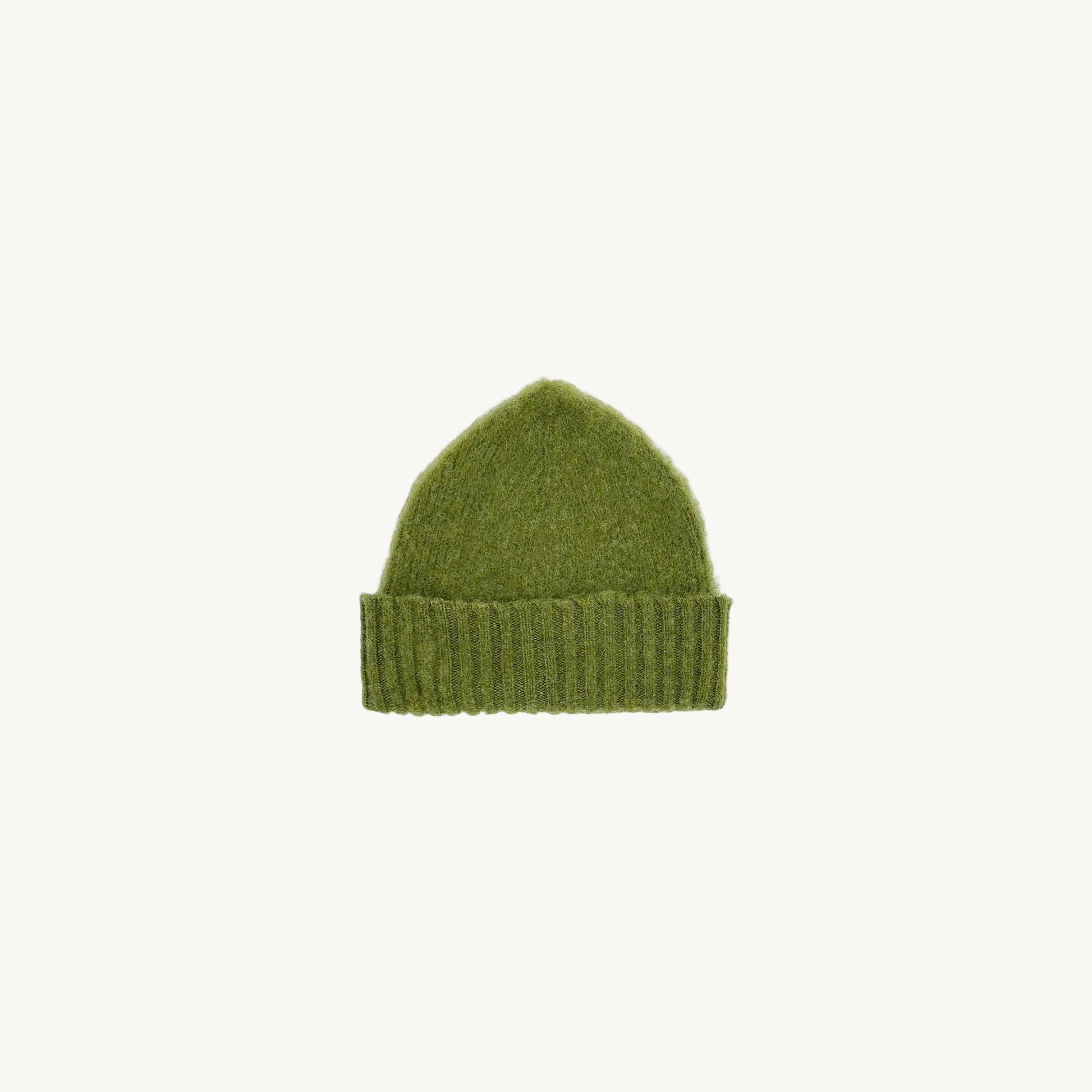 Flat bed photograph of Bosie Brushed Shetland Wool Beanie Hat in the colour Olive Grove Green.