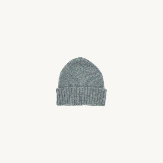 Flat bed photograph of Bosie Brushed Shetland Wool Beanie Hat in the colour Sea Pearl.