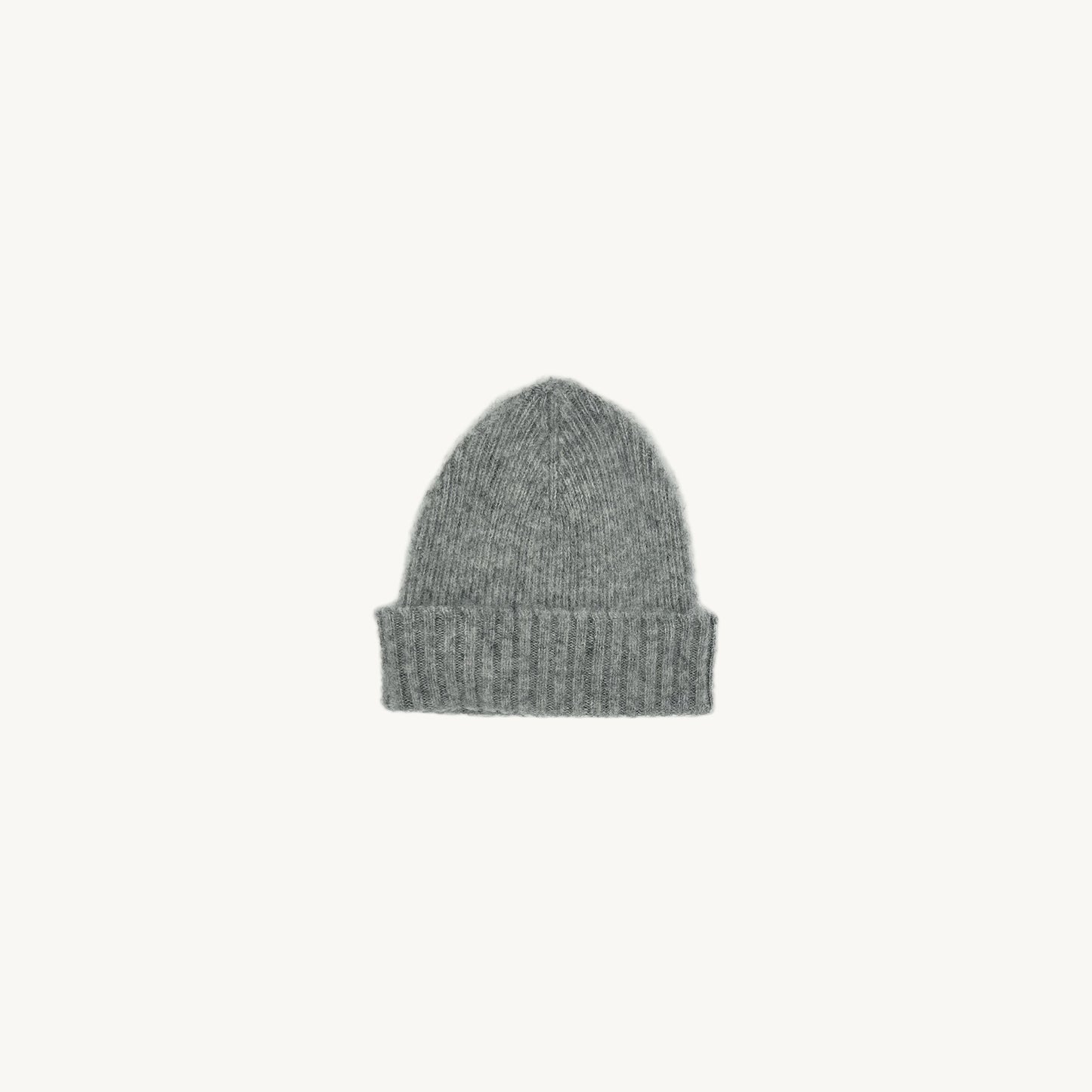 Flat bed photograph of Bosie Brushed Shetland Wool Beanie Hat in the colour Silver Grey