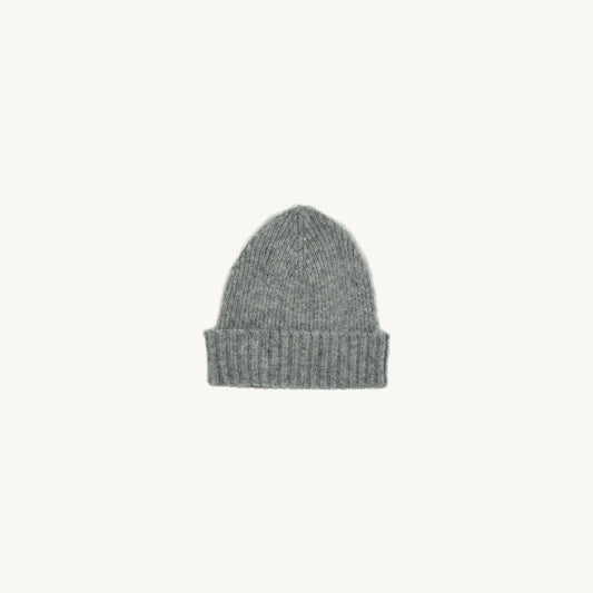 Flat bed photograph of Bosie Brushed Shetland Wool Beanie Hat in the colour Silver Grey