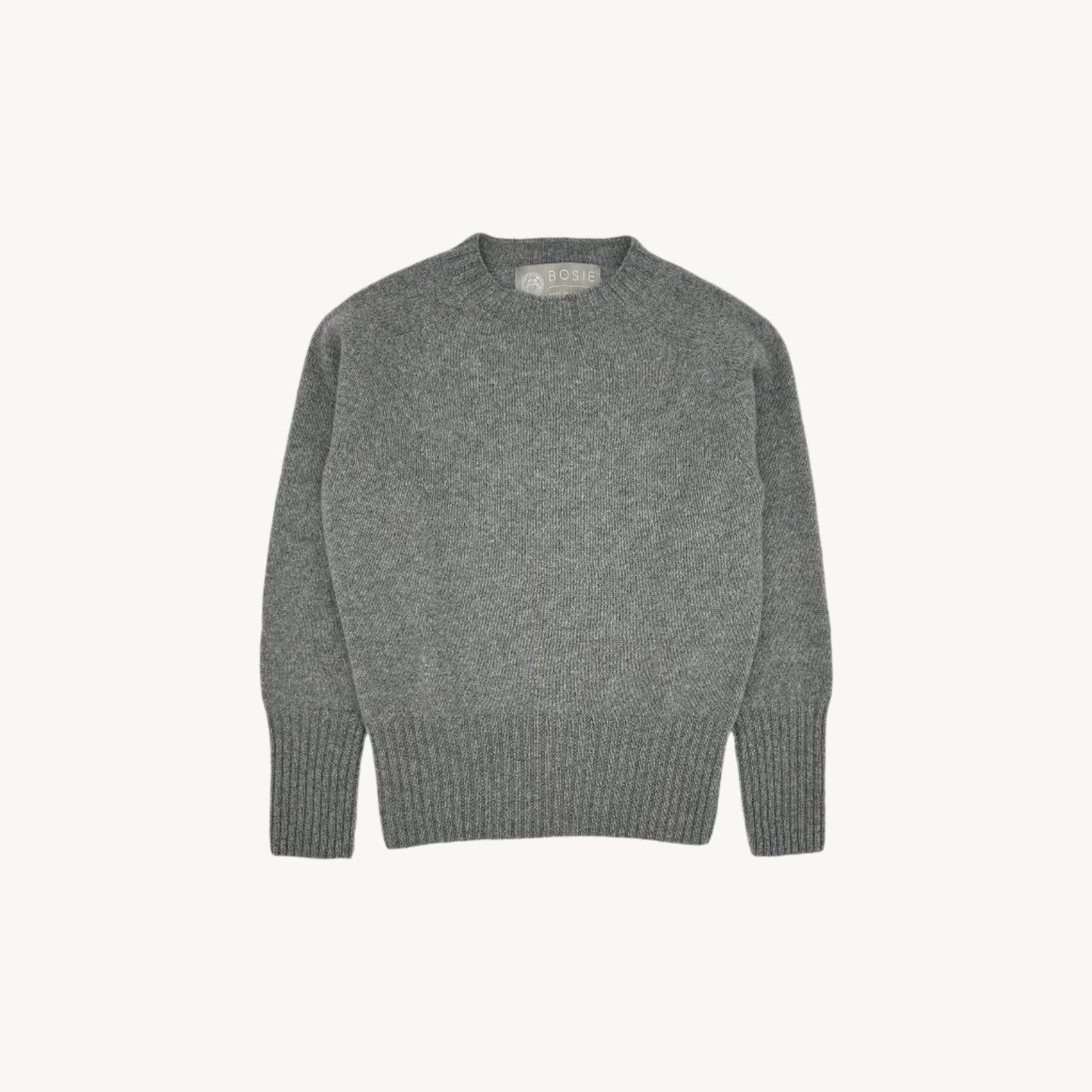 Flatbed photograph of a Bosie Knitwear  Geelong 2ply Crew Neck Womens Jumper in colour Flannel Grey.