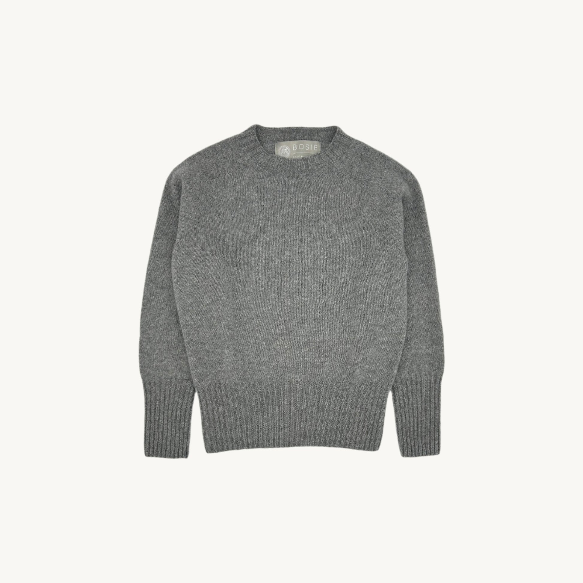 Flatbed photograph of a Bosie Knitwear  Geelong 2ply Crew Neck Womens Jumper in colour Flannel Grey.
