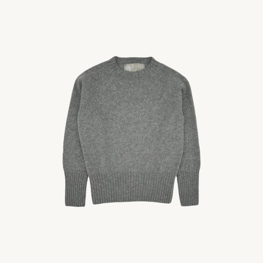 Flatbed photograph of a Bosie Knitwear  Geelong 2ply Crew Neck Womens Jumper in colour Flannel Grey.