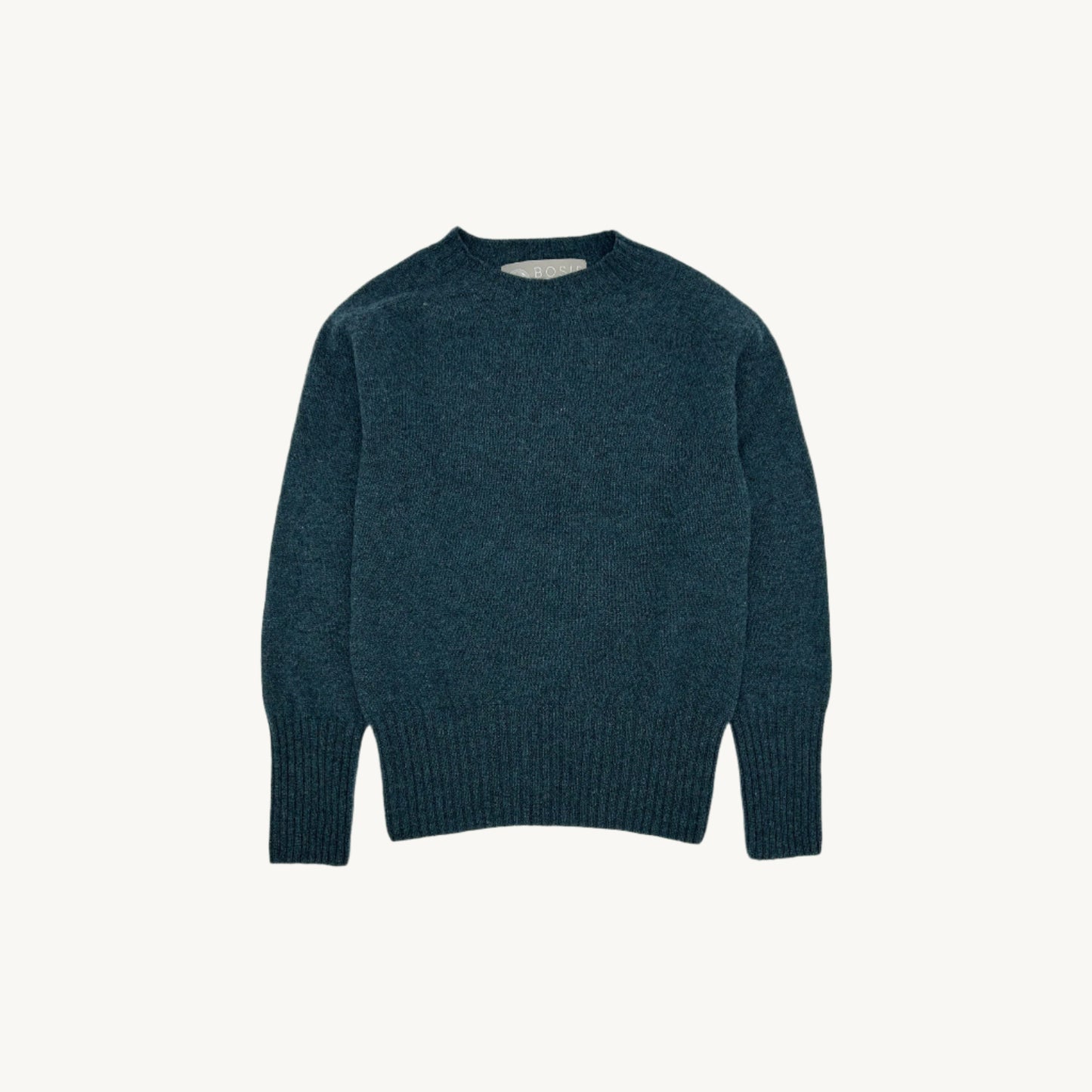 Flatbed photograph of a Bosie Knitwear Geelong 2ply Crew Neck Womens Jumper in colour Lugano Dark Teal.