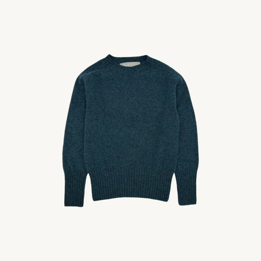 Flatbed photograph of a Bosie Knitwear Geelong 2ply Crew Neck Womens Jumper in colour Lugano Dark Teal.