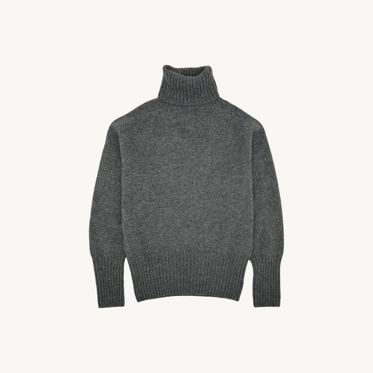 Flatbed photograph of a Bosie Knitwear Geelong Polo Neck Womens Jumper in colour Derby Grey.