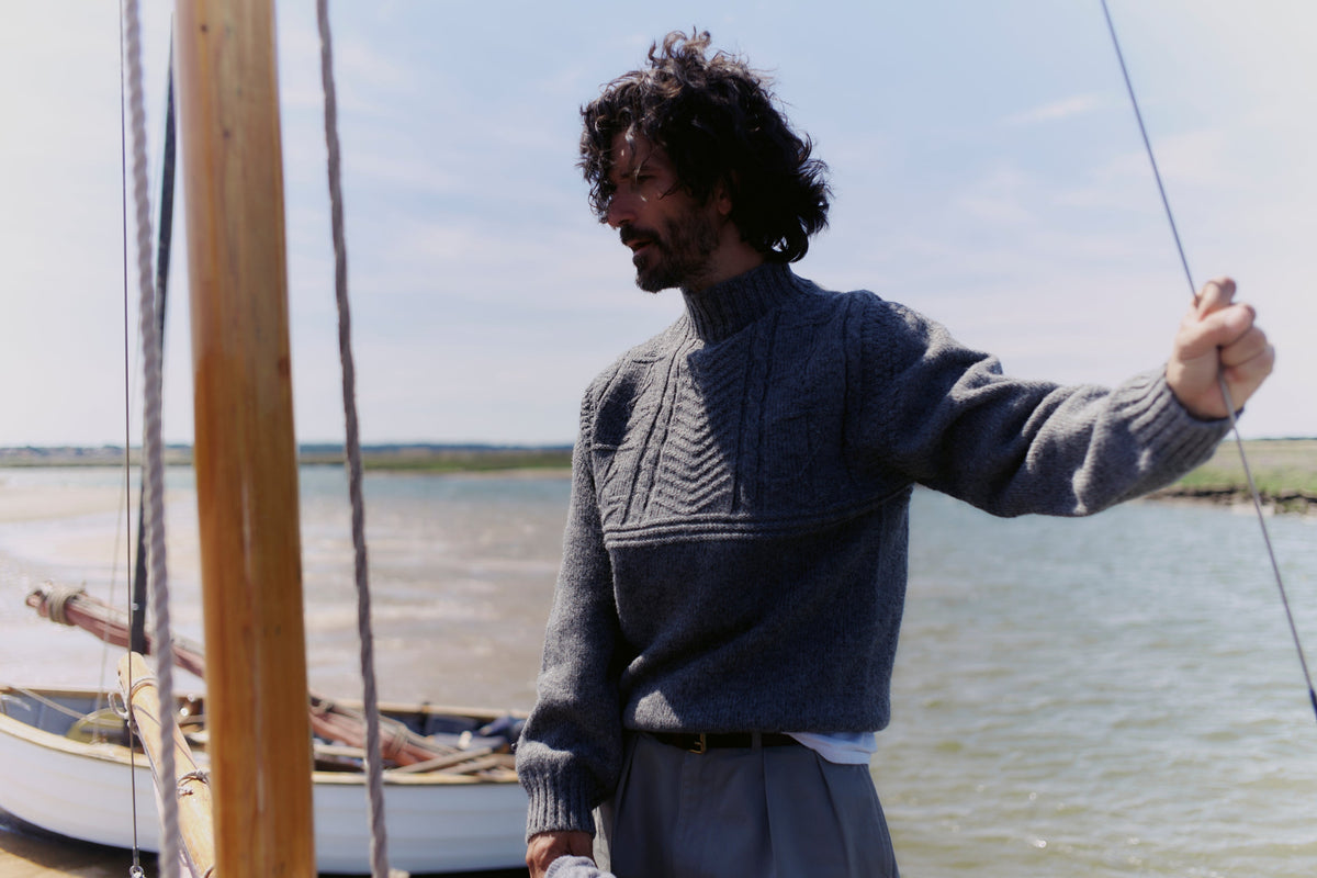 Bosie Blue Mogganer fisherman's knitwear, inspired by the fishermen of Peterhead and knitted in Scotland