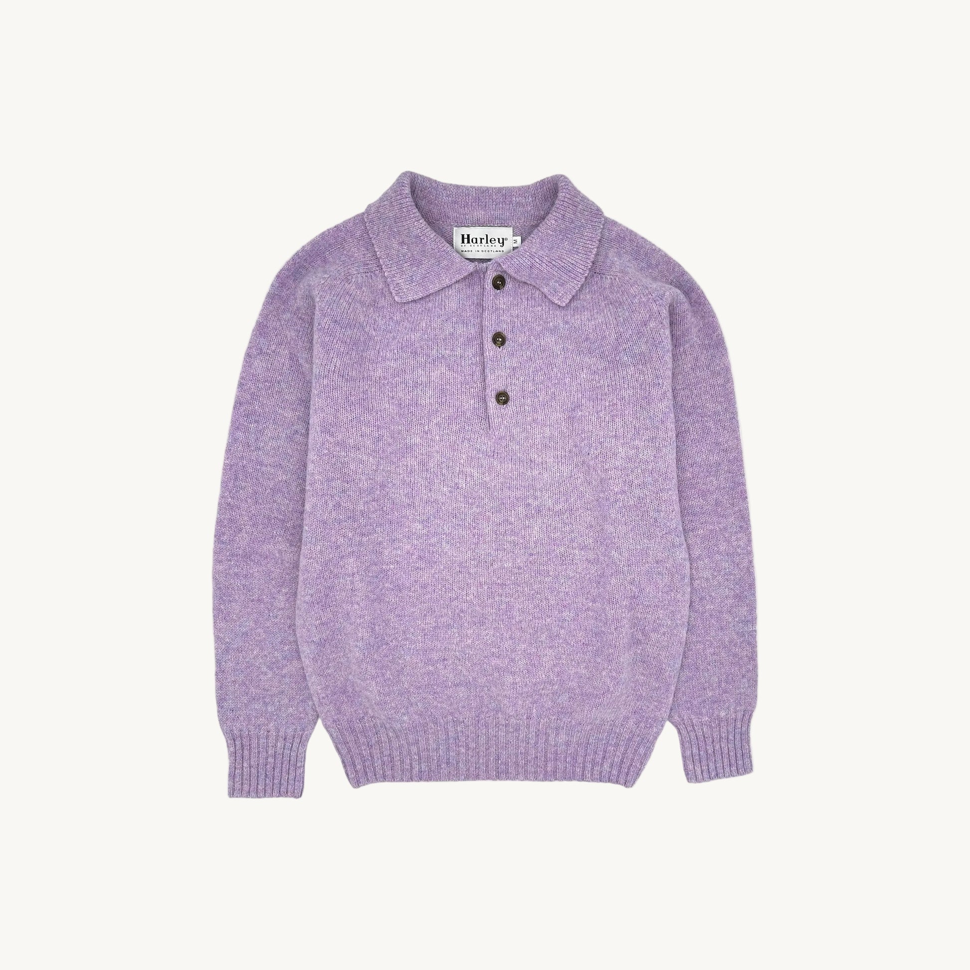 Flatbed photograph of harley of scotland mens shetland eton collar sweater in Confetti Lilac.