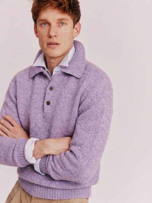 Model wearing a Harley of Scotland Mens Shetland Eton Collar Sweater in colour Confetti Lilac.