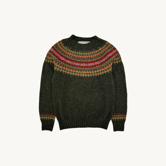 flatbed photograph of sslander yoke fair isle glenugie nep women's sweater  in colour harris green
