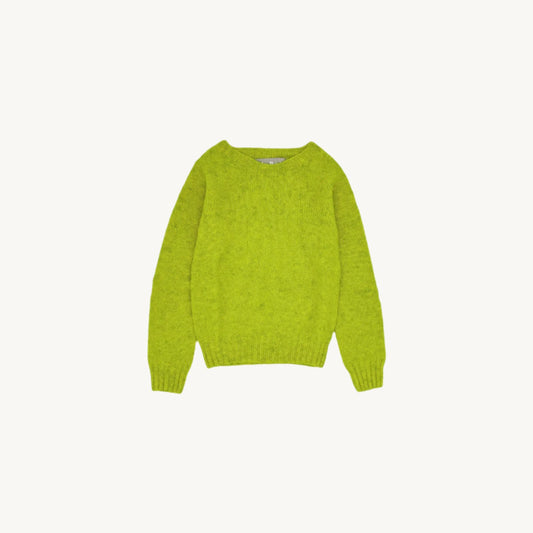 Flatbed photograph of a Bosie Little Bosie Childs Island Shetland Sweater in Pistachio Limon