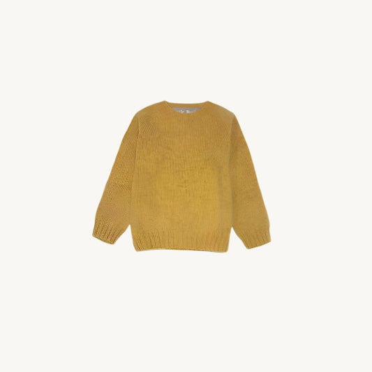 Flatbed photograph of a Bosie Little Bosie Childs Island Shetland Sweater in Marzipan Yellow.