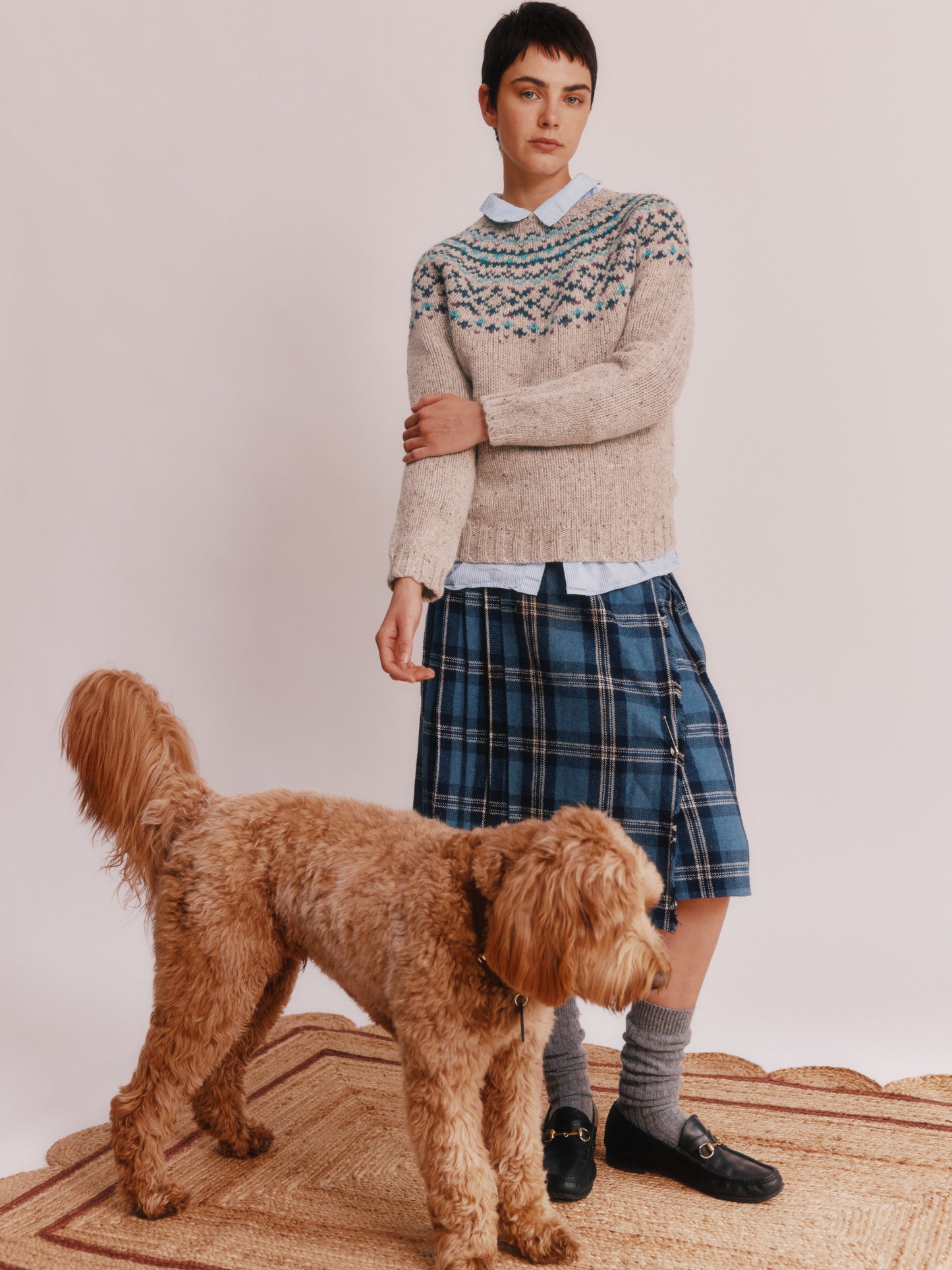 Model wearing a Bosie Knitwear Luskentyre Chunky Fair Isle Glenugie Nep Women's Sweater in  colour Mull Natural.