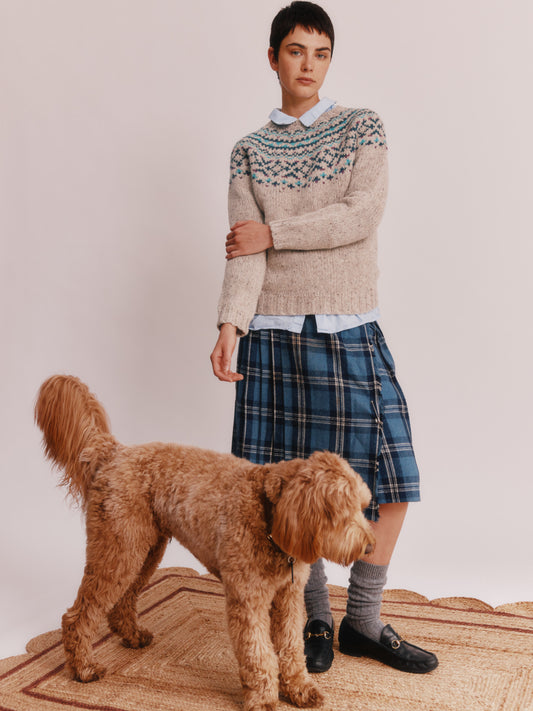 Model wearing a Bosie Knitwear Luskentyre Chunky Fair Isle Glenugie Nep Women's Sweater in  colour Mull Natural.