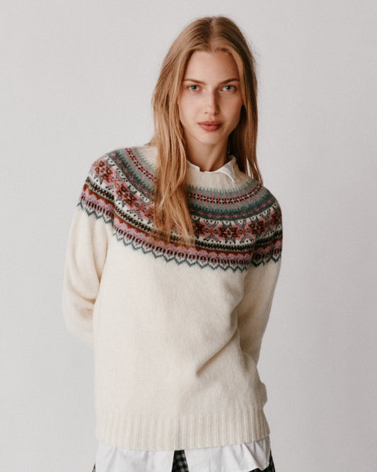 Model wearing the Bosie Sorcha Yoke Fair Isle Women's Sweater in White