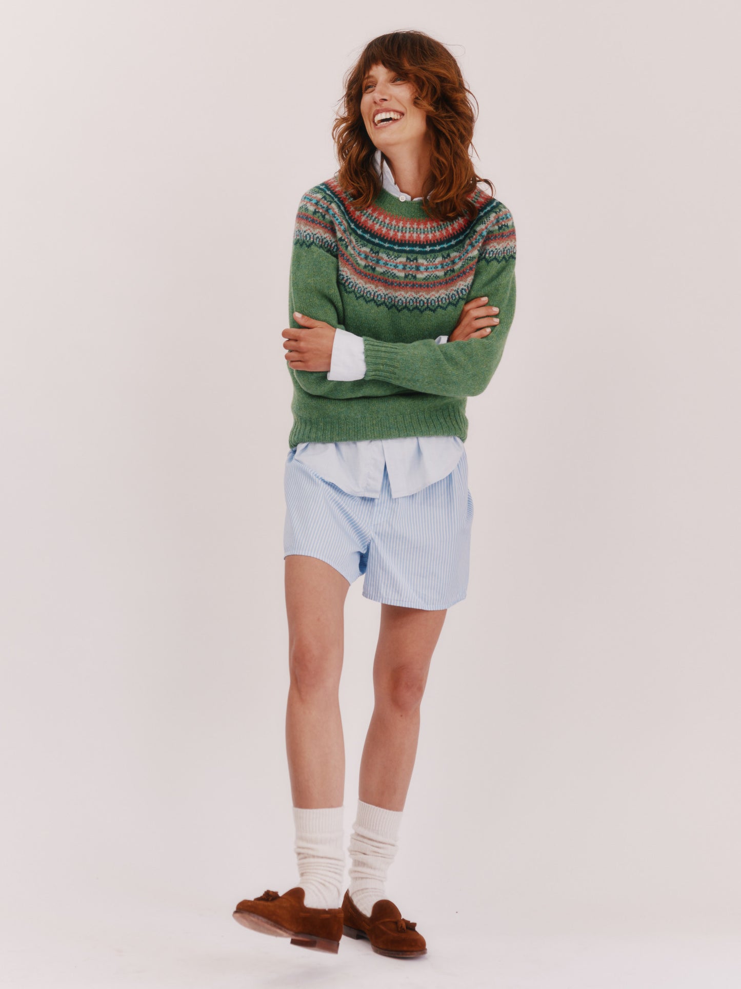 Model wearing a Bosie Knitwear Sorcha Yoke Fair Isle Women's Sweater in colour Baize Green.