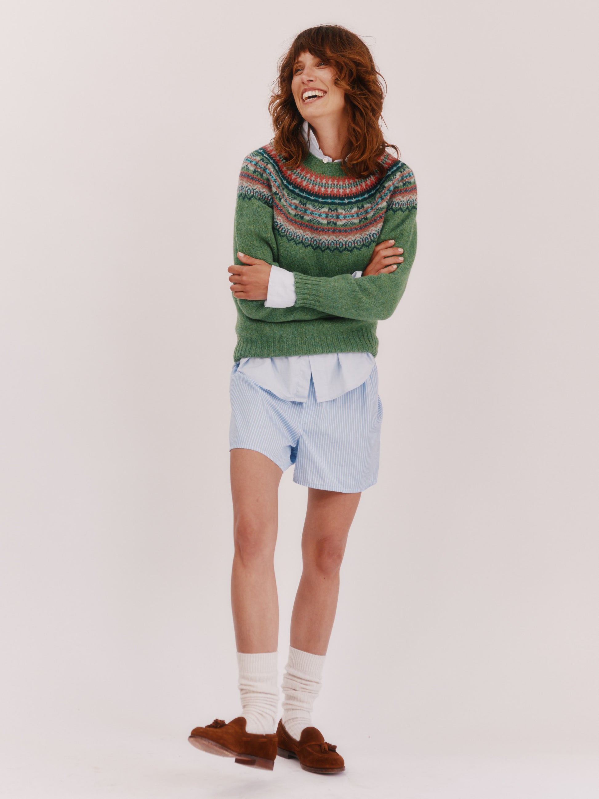 Model wearing a Bosie Knitwear Sorcha Yoke Fair Isle Women's Sweater in colour Baize Green.