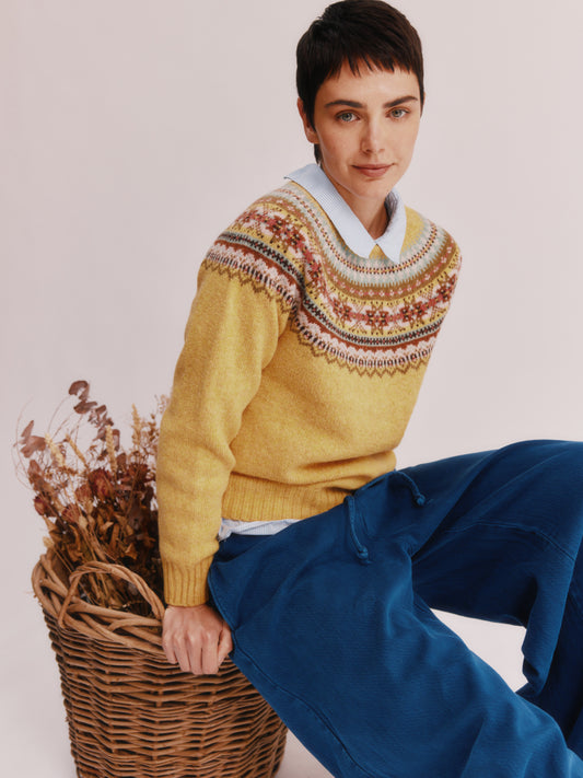 Women wearing a Bosie Knitwear Sorcha Yoke Fair Isle Women's Sweater in colour Marzipan Yellow.