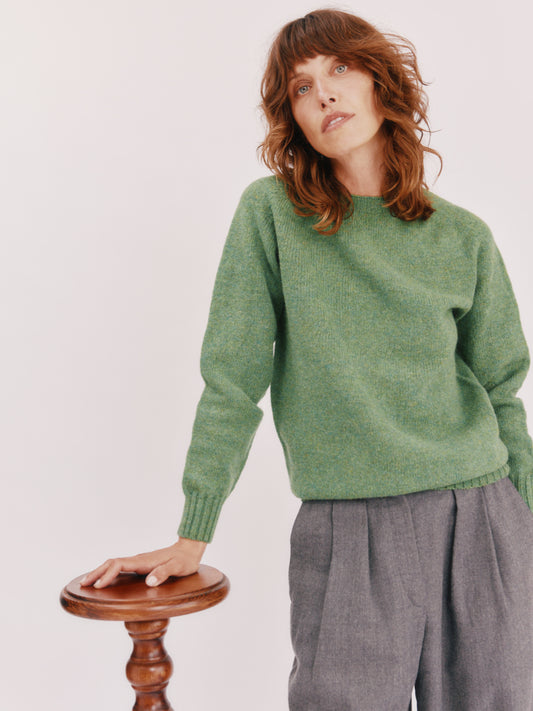 Model wearing a womens harley of scotland seamless saddle shoulder shetland sweater in colour Baize Green from Bosie Knitwear. 