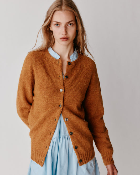 A model wearing a Bosie Womens Harley of Scotland Shetland Crew Neck Cardigan in colour Gold Dust / Cummin.