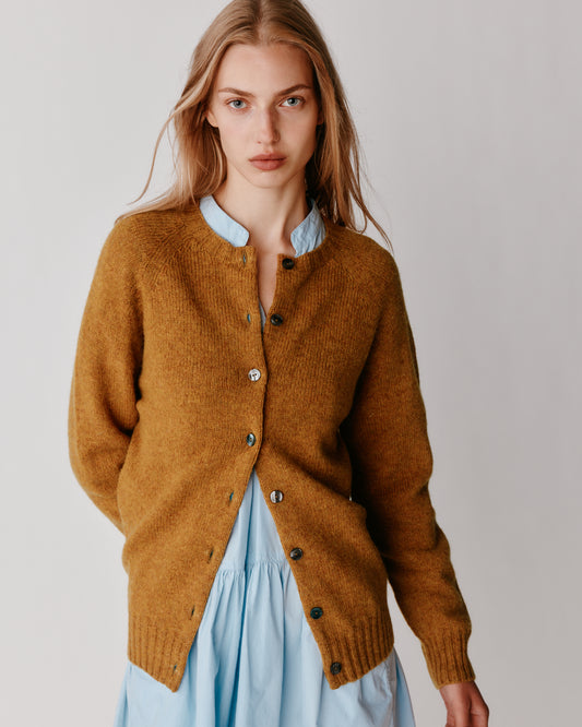 A model wearing a Bosie Womens Harley of Scotland Shetland Crew Neck Cardigan in colour Gold Dust / Cummin.