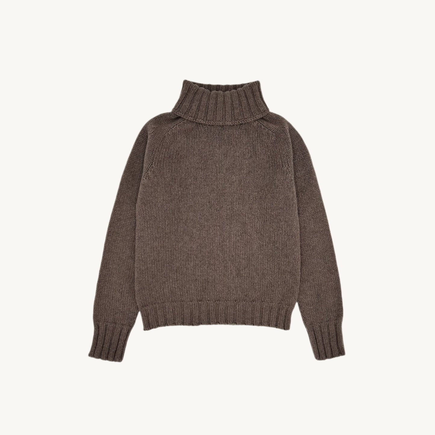 Flatbed Photograph of a women's Big Softy wildebeest brown chunky geelong polo neck sweater jumper