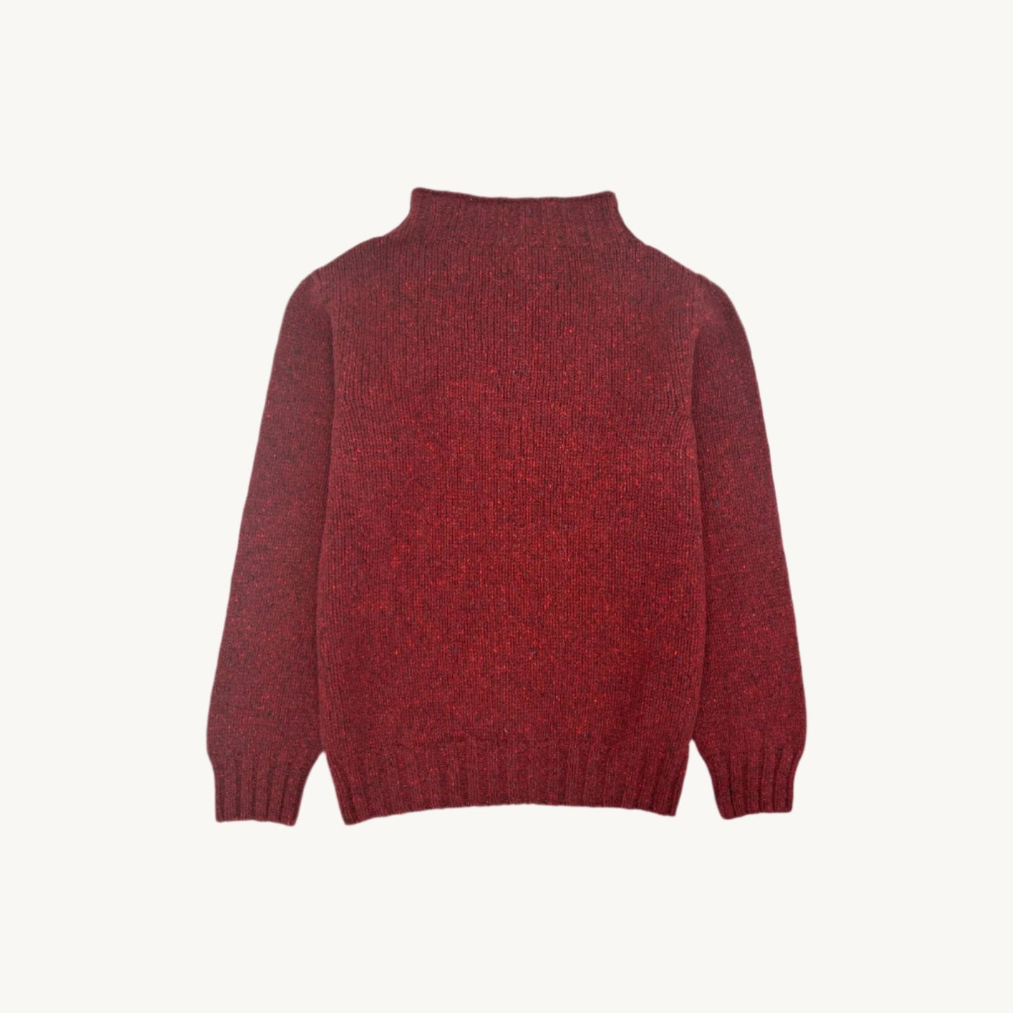 Flatbed Photograph of a Blue Mogganer Lighthouse Chunky Glenugie Nep Sweater in Tiree Red by Bosie Knitwear