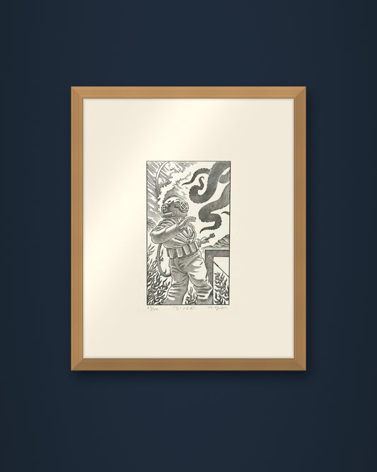 The Diver: hand-pressed, hand-signed limited edition print of Nathan Yoder's hand-drawn illustration for Bosie Knitwear's Blue Mogganer collection, shown in an oak frame on a navy wall (frame not included)