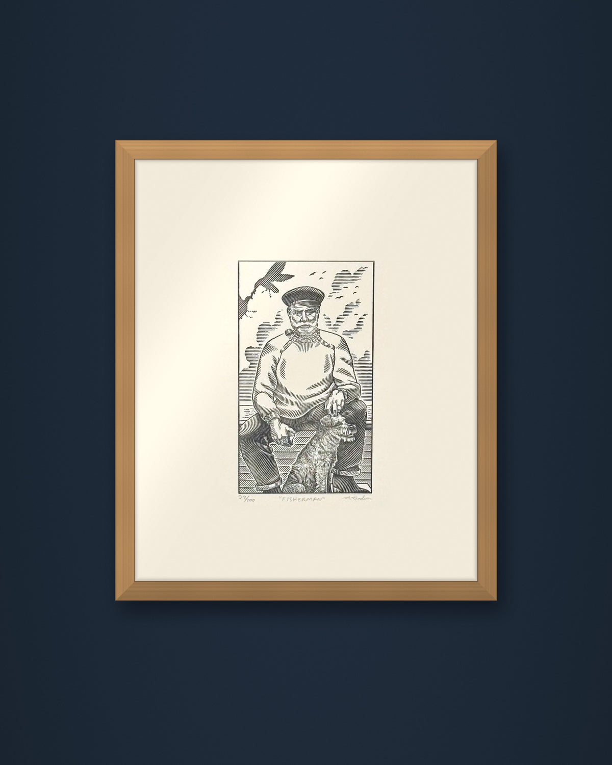 The North Sea Shetland Fisherman: hand-pressed, hand-signed limited edition print of Nathan Yoder's hand-drawn illustration for Bosie Knitwear's Blue Mogganer collection, shown in an oak frame on a navy wall (frame not included)
