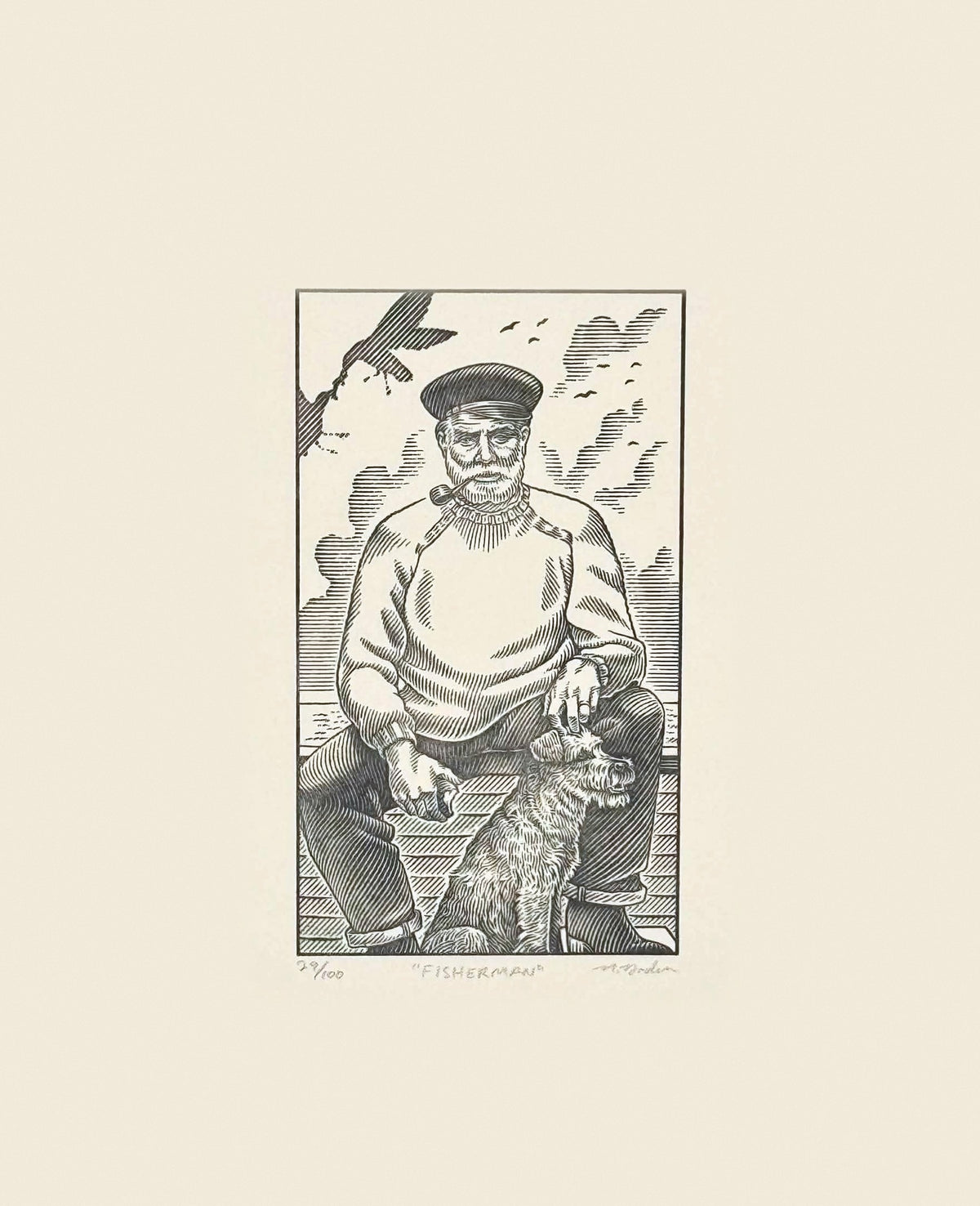 The North Sea Shetland Fisherman: hand-pressed print of Nathan Yoder's hand-drawn Peterhead fisherman with pipe and dog, titled, numbered and signed in pencil, limited edition of 100 by Bosie Knitwear