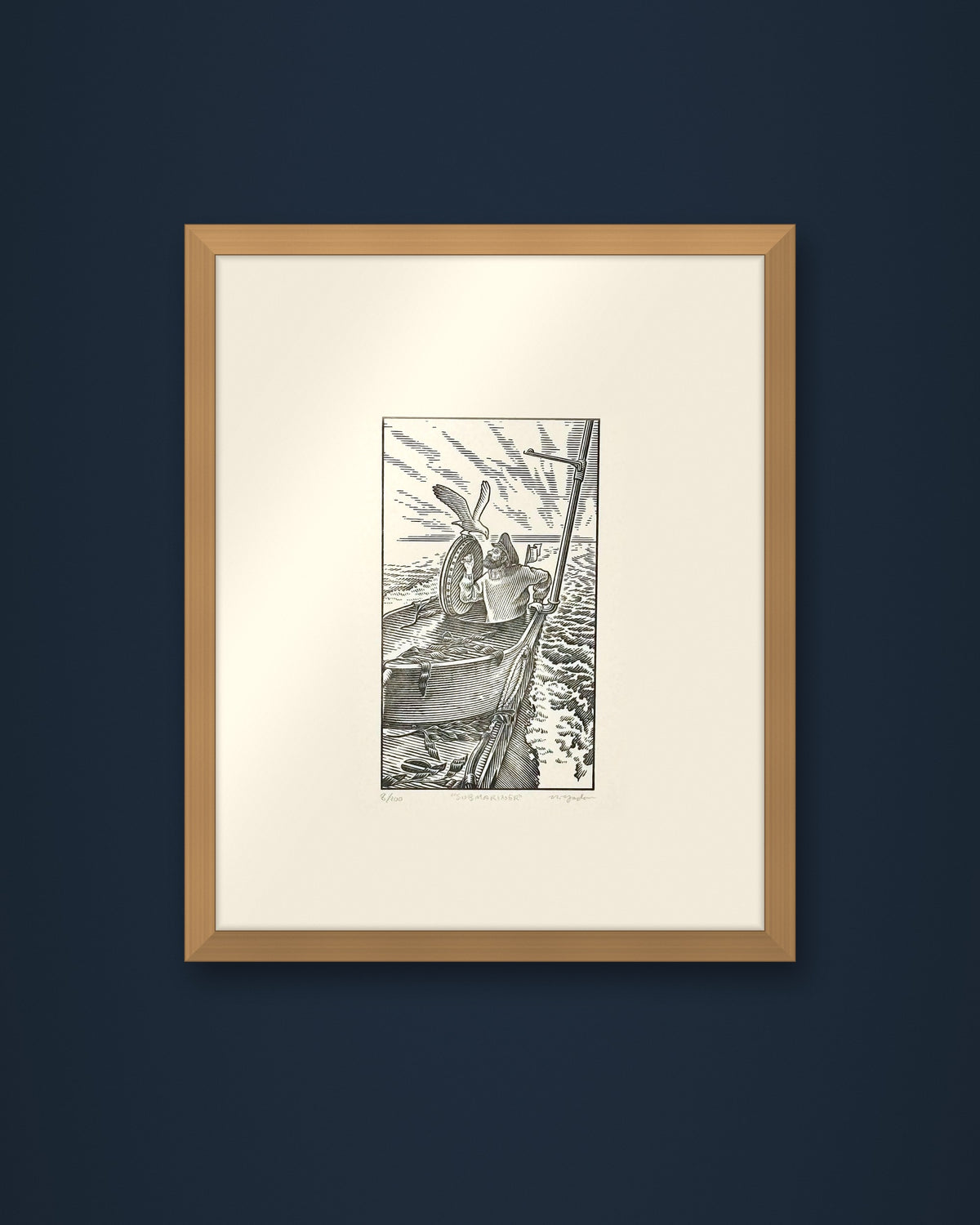 The Submariner: hand-pressed, hand-signed limited edition print of Nathan Yoder's hand-drawn illustration for Bosie Knitwear's Blue Mogganer collection, shown in an oak frame on a navy wall (frame not included)
