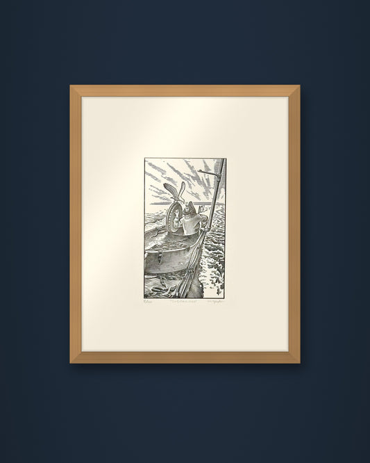 The Submariner: hand-pressed, hand-signed limited edition print of Nathan Yoder's hand-drawn illustration for Bosie Knitwear's Blue Mogganer collection, shown in an oak frame on a navy wall (frame not included)